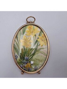 Oval Gold Tone Metal Picture Frame 3x4 Floral Print Convex Glass Floral Hook